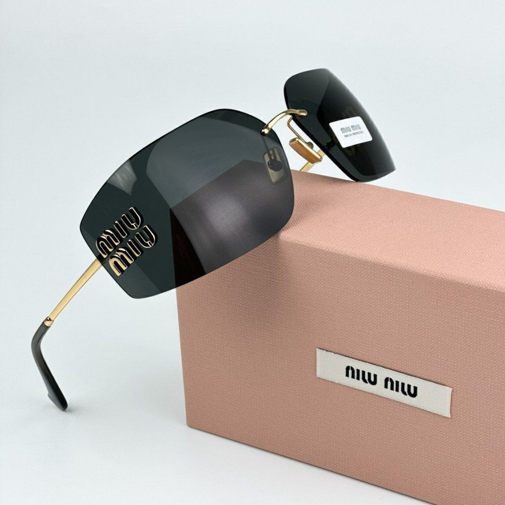NEW Miu Miu MU54YS 5AK5S0 Gold Dark Grey Wraparound Rimless Women Sunglasses